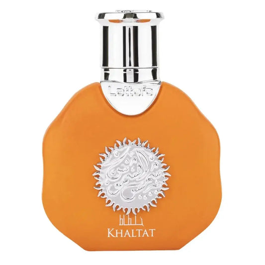Oranje glazen lattafa parfum khaltat fles met zilveren dop en arabische kalligrafie medaillon