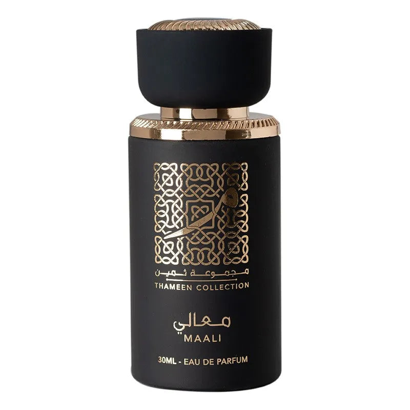 Zwarte en gouden parfum spray fles met getextureerde dop voor Lattafa Parfum Maali