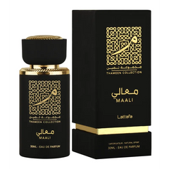 Zwarte en gouden parfum spray fles en doos voor Lattafa Parfum Maali