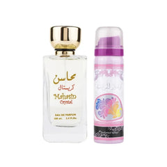 Lattafa Parfum Mahasin Crystal met bijpassende deodorant spray en Arabische tekst