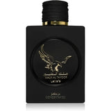 Lattafa parfum malik al tayoor zwarte rechthoekige parfumfles met gouden arendembleem en arabisch schrift