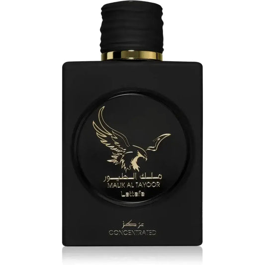 Lattafa parfum malik al tayoor zwarte rechthoekige parfumfles met gouden arendembleem en arabisch schrift