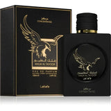 Lattafa parfum malik al tayoor zwarte vierkante parfumfles met gouden adelaar en zwarte geribbelde dop met gouden rand