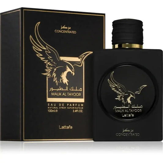 Lattafa parfum malik al tayoor zwarte vierkante parfumfles met gouden adelaar en zwarte geribbelde dop met gouden rand
