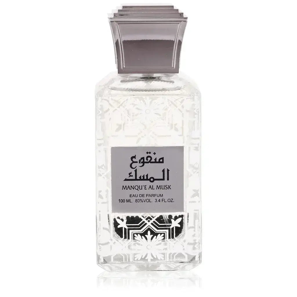 Clear glazen parfumfles lattafa parfum manque al musk met zilverkleurige kap en fijne reliëfdetails