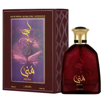 Dieprode glazen fles muna eau de parfum van lattafa met gouden dop en elegante arabische merkopdruk