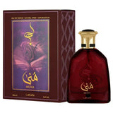 Dieprode glazen fles muna eau de parfum van lattafa met gouden dop en elegante arabische merkopdruk