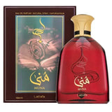 Rode glazen parfumfles lattafa parfum muna met gouden dop zwarte band en elegante arabische schrift