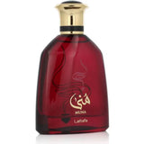 Dieprode glazen parfumfles met gouden dop en arabische script label muna door lattafa in lattafa parfum muna product