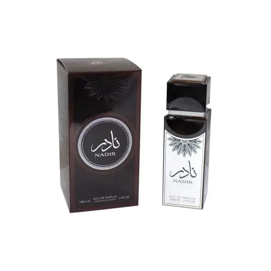 Donkerbruin rechthoekig lattafa parfum nadir eau de parfum doos en fles met zilver reliëf arabische letters en bloemen