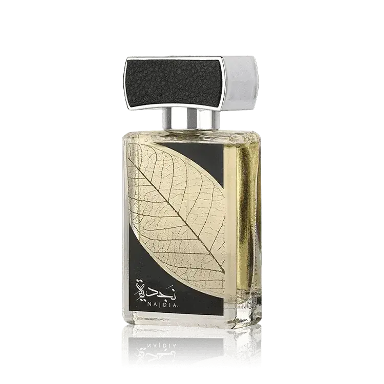 Elegante rechthoekige glazen lattafa parfum najdia fles met zwarte textuur dop en gouden bladontwerp op etiket