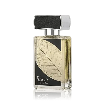 Elegante rechthoekige glazen lattafa parfum najdia fles met zwarte textuur dop en gouden bladontwerp op etiket