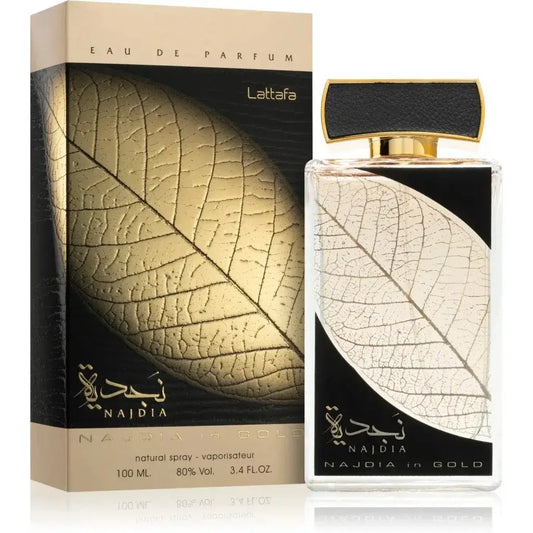 Elegant transparante glazen fles lattafa najdia goud eau de parfum met zwart en goud bladmotief en gouden dop