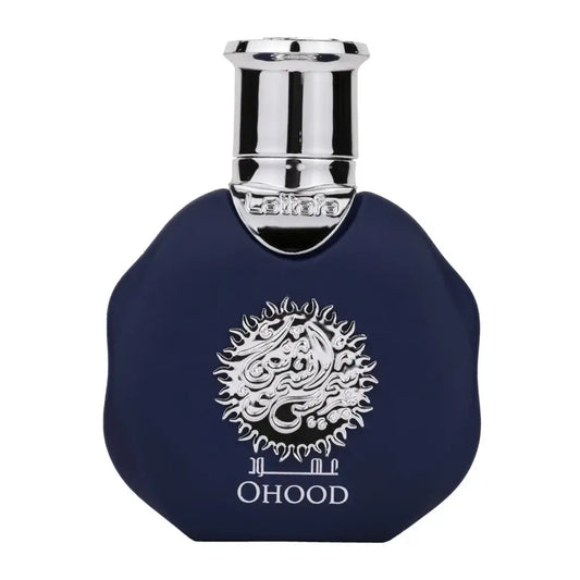 Lattafa parfum ohood navy blue perfume bottle with silver cap and white embossed dragon design labeled ohood