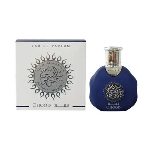 Diepblauwe facetgeslepen glazen perfume fles met zilveren dop en arabische kalligrafie emblem lattafa parfum ohood