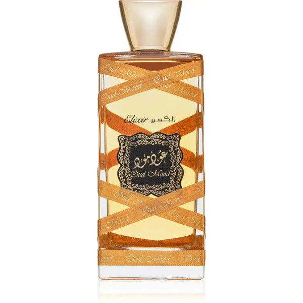 Lattafa parfum oud mood elixir parfumfles met helder glas, gouden linten en zwart sierlijk etiket