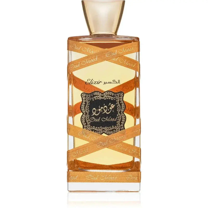 Lattafa parfum oud mood elixir parfumfles met helder glas, gouden linten en zwart sierlijk etiket