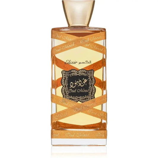 Lattafa parfum oud mood elixir parfumfles met helder glas, gouden linten en zwart sierlijk etiket