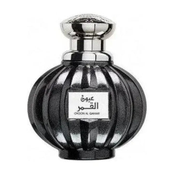 Zwart geribbeld glazen parfumflesje met zilveren dop en label arabisch oud al qamar van Lattafa Parfum
