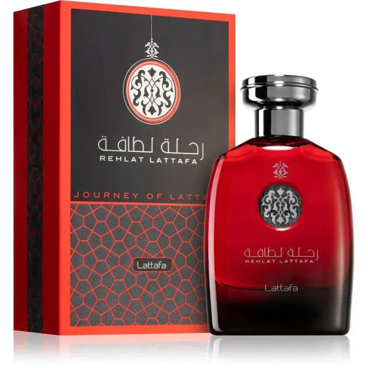 Rode glazen parfumfles met zilveren dop en zwart-wit embleem van lattafa rehlat parfum