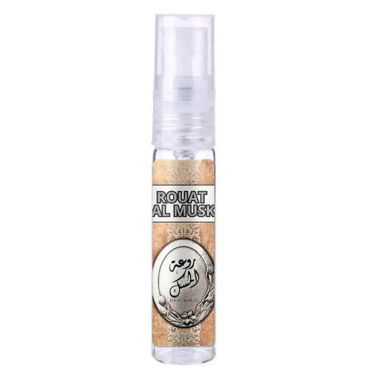Lattafa parfum rouat al musk clear glass spray bottle with silver and gold ornate label in english and arabic