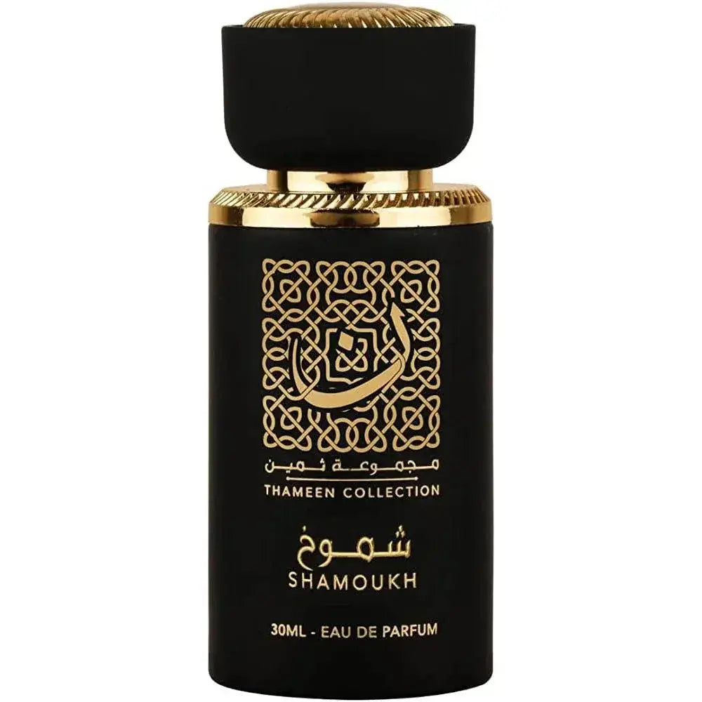 Lattafa parfum shamoukh zwarte glazen parfumfles met gouden accenten en arabische kalligrafie en matte zwarte dop