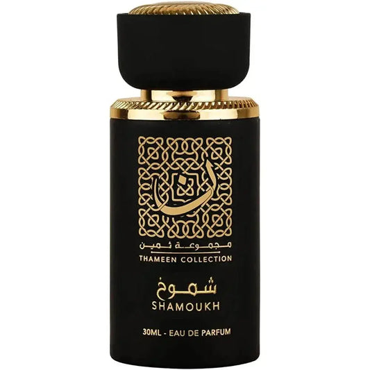 Lattafa parfum shamoukh zwarte glazen parfumfles met gouden accenten en arabische kalligrafie en matte zwarte dop