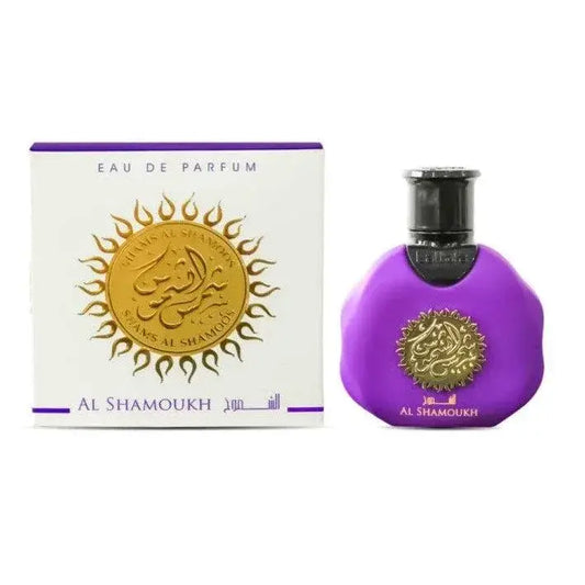 Lattafa parfum al shamoukh purple eau de parfum fles met gouden zonnestraal embleem en zwarte dop