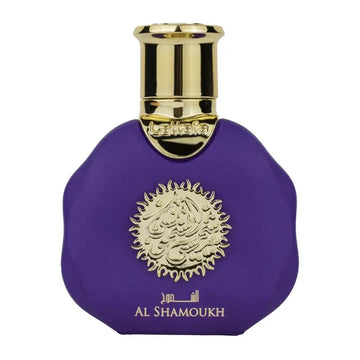 Een luxe paarse parfumfles met gouden dop en sierlijk embleem van lattafa parfum al shamoukh