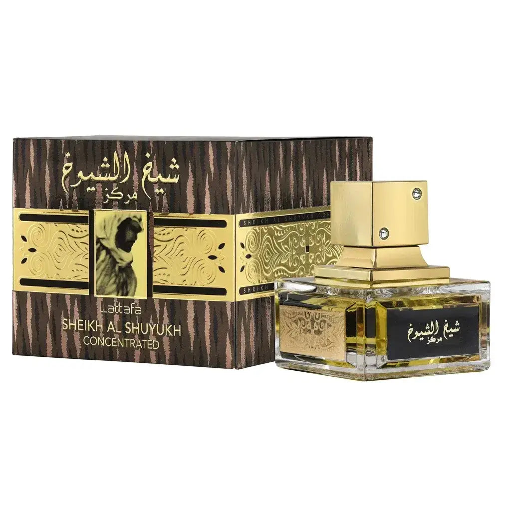 Elegante goudaccenten glazen fles lattafa sheikh al shuyukh geconcentreerde parfum met gedetailleerde reliëf en bijpassende doos