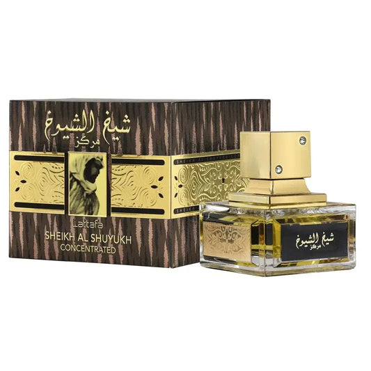 Elegante goudaccenten glazen fles lattafa sheikh al shuyukh geconcentreerde parfum met gedetailleerde reliëf en bijpassende doos