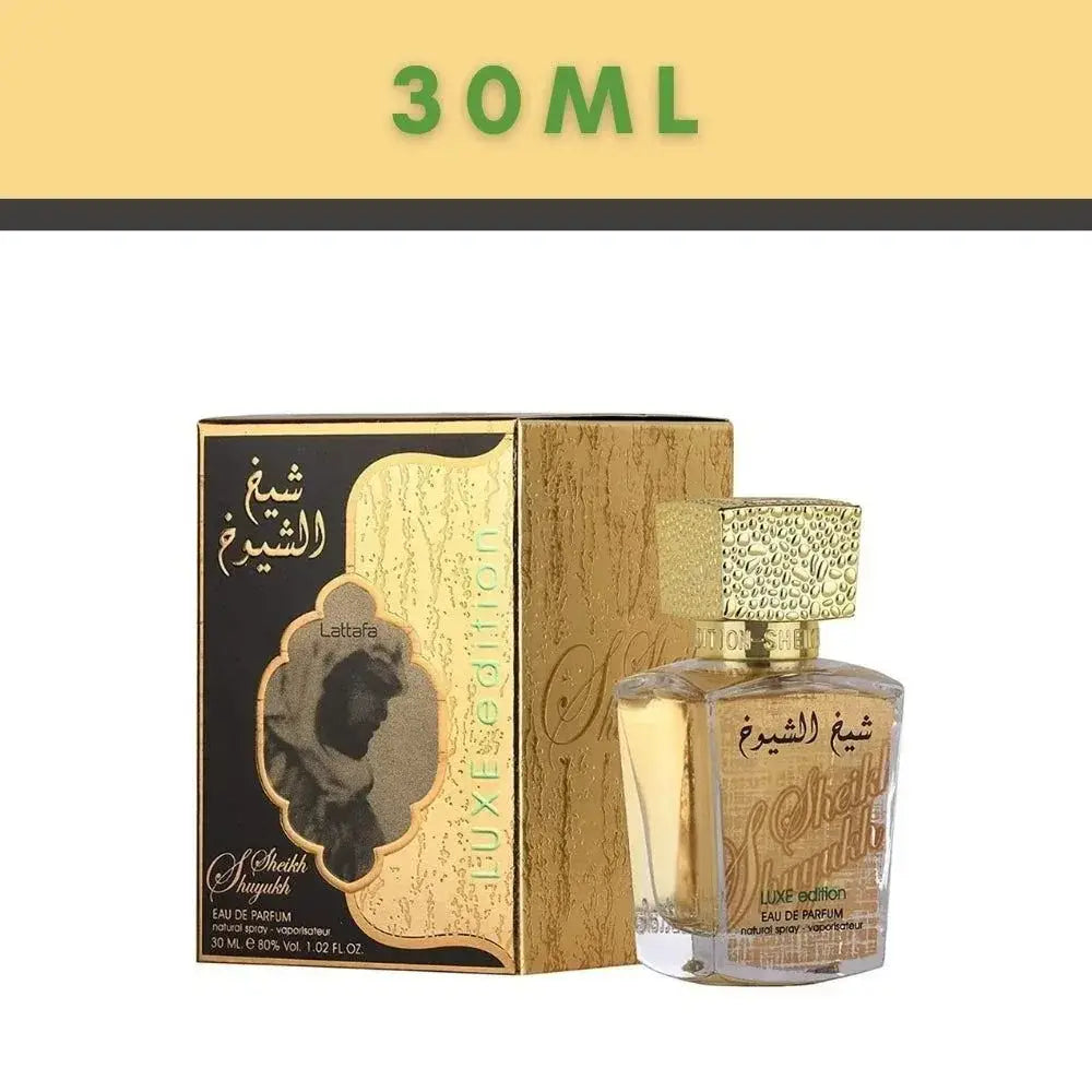Gold-toned faceted glass parfumfles met decoratieve kap en arabische tekst voor lattafa parfums sheikh shuyukh luxe