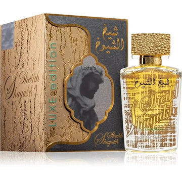 Lattafa parfum sheikh shuyukh luxe goudgeperste glazen eau de parfumfles met textuur goudkleurige dop en arabisch schrift
