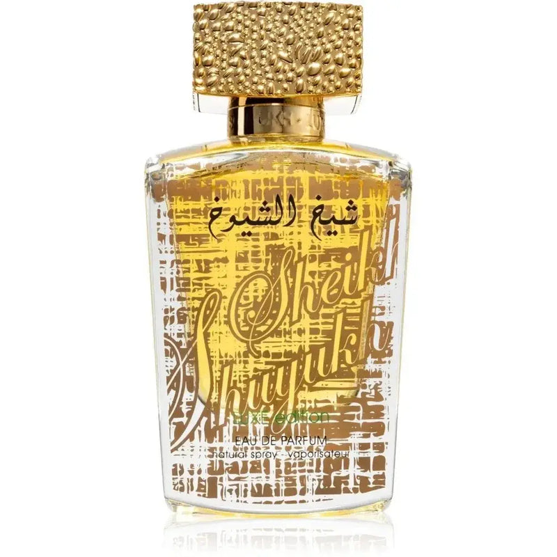 Lattafa parfum sheikh shuyukh luxe rechthoekige glazen fles met textuur gouden dop en arabische gouden script