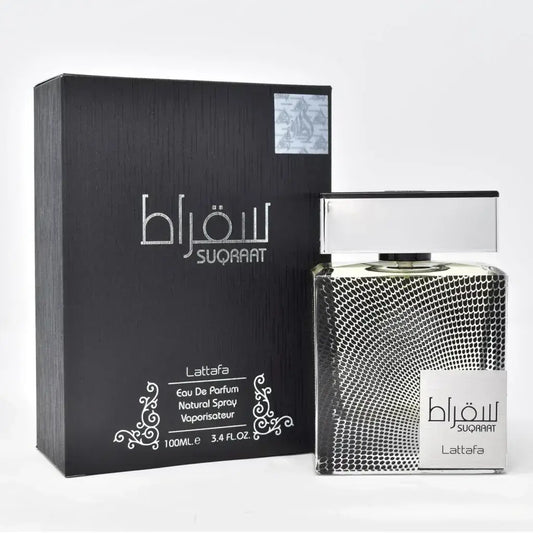 Lattafa parfum suqraat zilverpatroon rechthoekige parfumfles met moderne zwarte dop