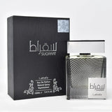 Lattafa parfum suqraat zilverpatroon rechthoekige parfumfles met moderne zwarte dop
