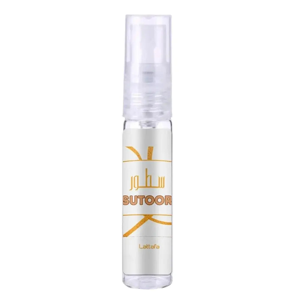 Lattafa parfum sutoor clear glass spray bottle with white label gold arabic script and orange sutoor text