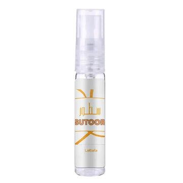 Lattafa parfum sutoor clear glass spray bottle with white label gold arabic script and orange sutoor text