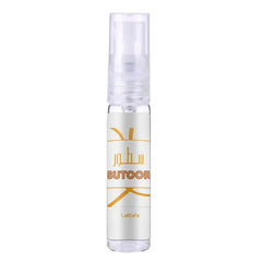 Lattafa parfum sutoor clear glass spray bottle with white label gold arabic script and orange sutoor text