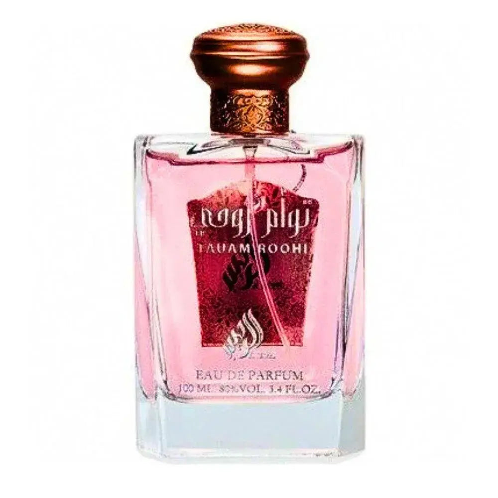 Een rechthoekige glazen fles lattafa parfum taum met rozenroze taouam roohi eau de parfum en koperkleurige dop