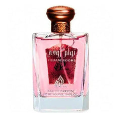 Een rechthoekige glazen fles lattafa parfum taum met rozenroze taouam roohi eau de parfum en koperkleurige dop