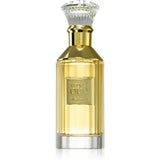 Een luxe goudkleurige parfumfles met een gefacetteerde kristallen dop en een geletterd vivyet oud-label van lattafa parfum velvet oud