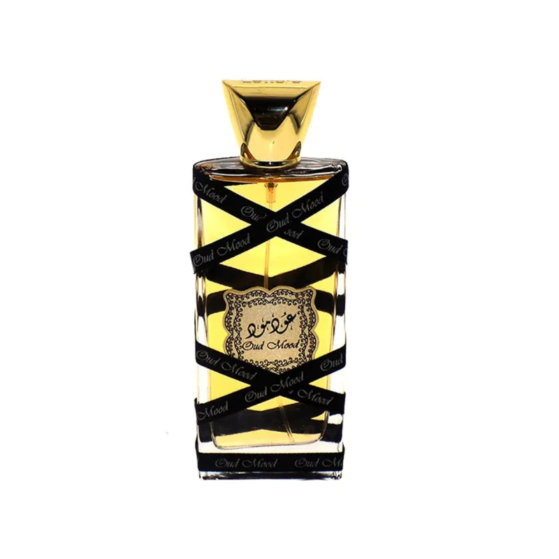 Rectangulaire parfumfles met gouddeksel en zwarte strik voor Lattafa Parfum Oud Mood Classic
