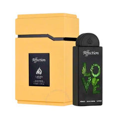 Lattafa Pride Affection EDP 100ml met zwart-groene liefde parfumfles en vlamlogo