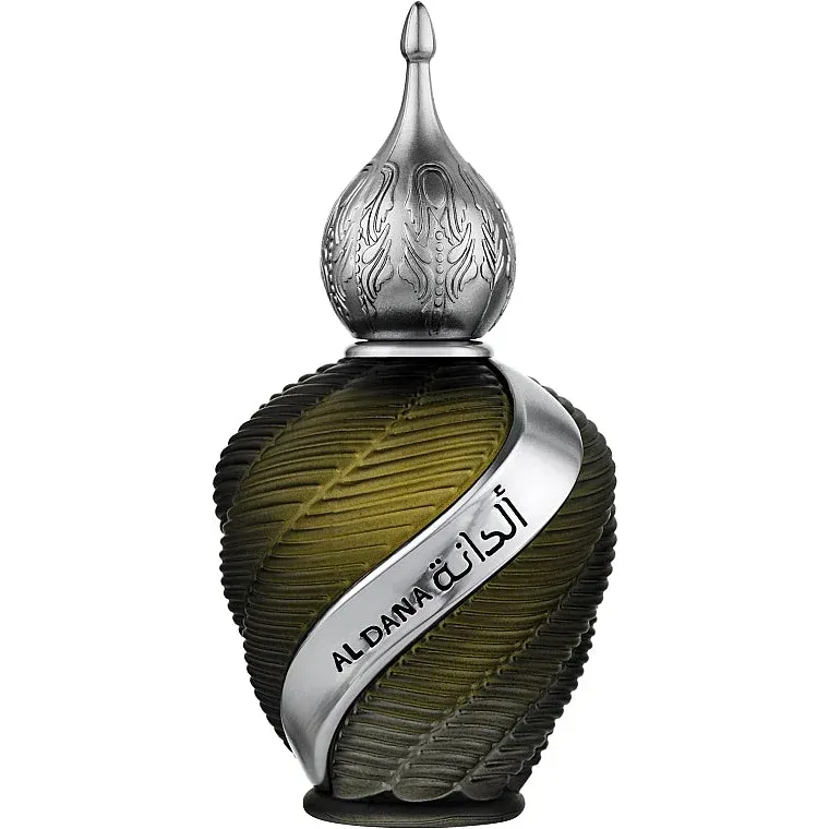 Olive-green perfume fles met zilveren accenten voor Lattafa Pride al Dana