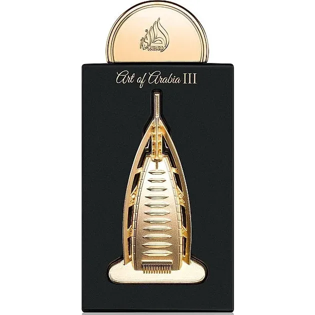 Gouden Burj Khalifa-parfumfles met zwart-wit label van Lattafa Pride Art of Arabia 3