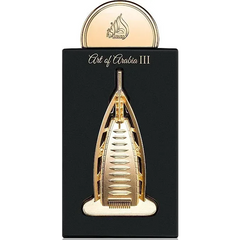 Gouden Burj Khalifa-parfumfles met zwart-wit label van Lattafa Pride Art of Arabia 3