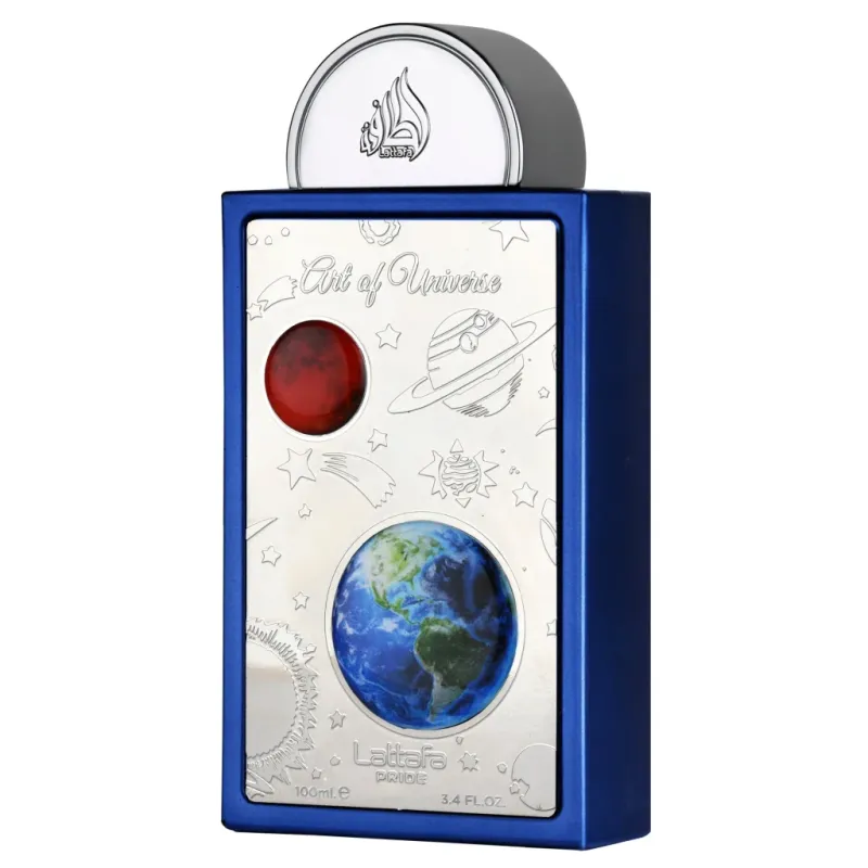 Blauwe en zilveren globe-parfumfles met rode knop van Lattafa Pride Art