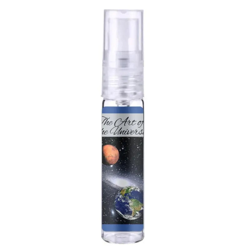 Heldere sprayfles met ruimte-achtige label van Lattafa Pride Art of Universe