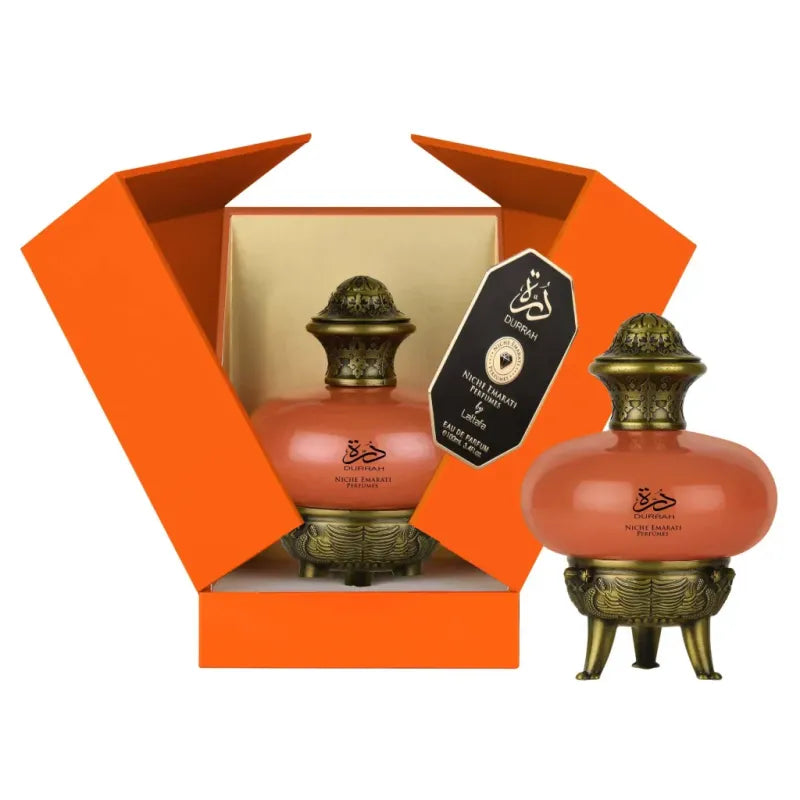 Decoratieve perfume flessen in oranje doos Lattafa Pride Durrah uitstraling